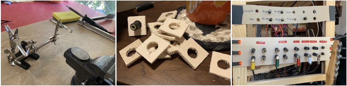 Three images of soldering, cutting wood, and paper prototyping my cable management system